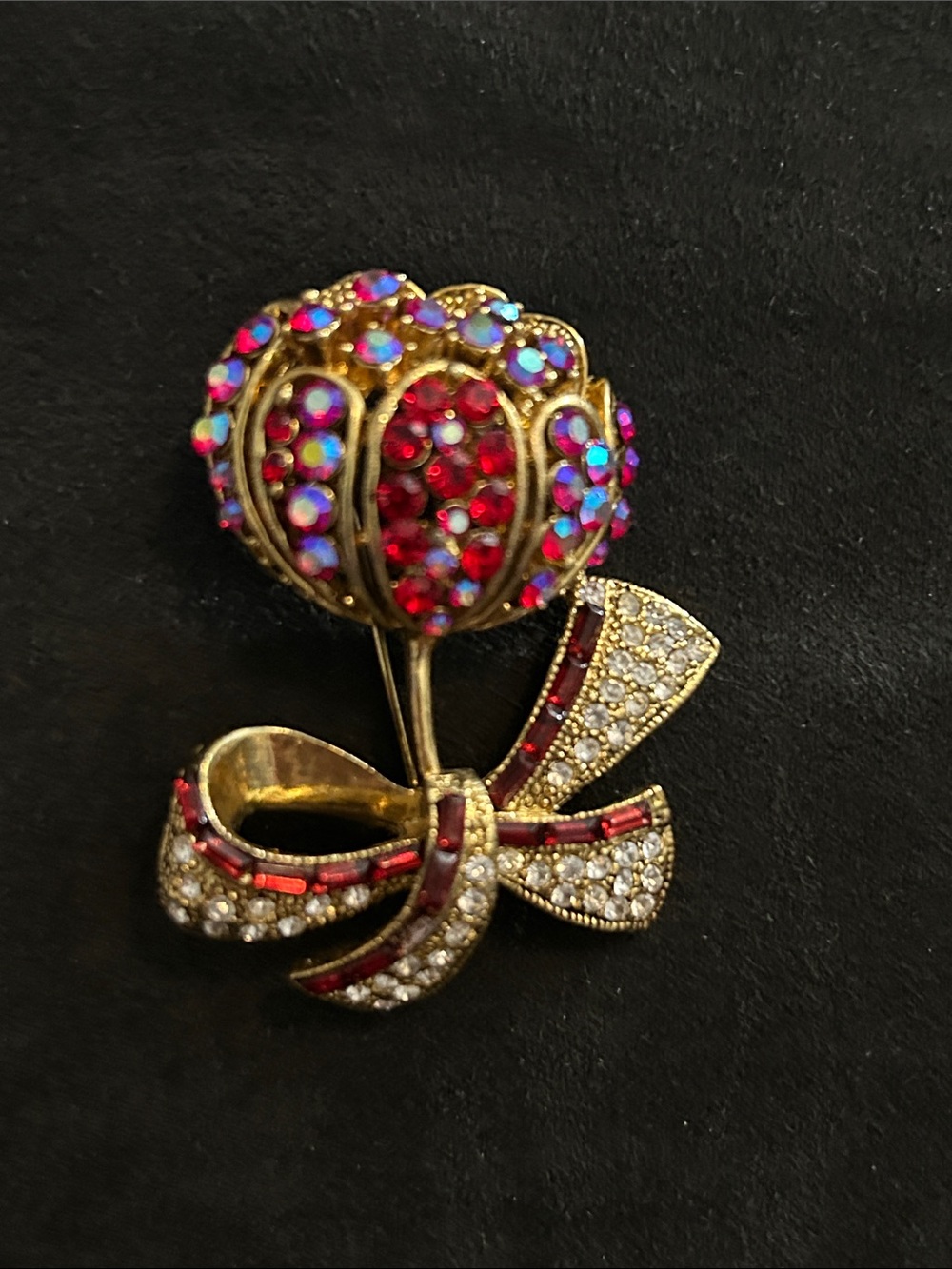 Vintage Gold-Tone Brooch with Red and Iridescent Crystals - Women Jewelry